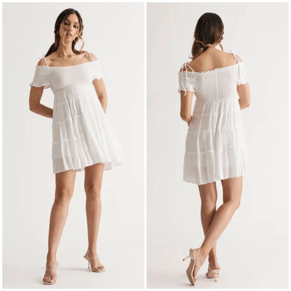 Free People Jada Off Shoulder Three Tier Mini Dress - Ivory